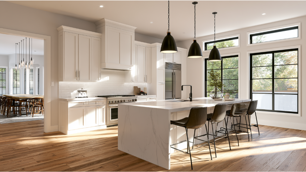 Modern kitchen remodel in Sacramento showing white cabinets, quartz countertops, large island, and contemporary lighting to represent 2026 kitchen renovation costs.