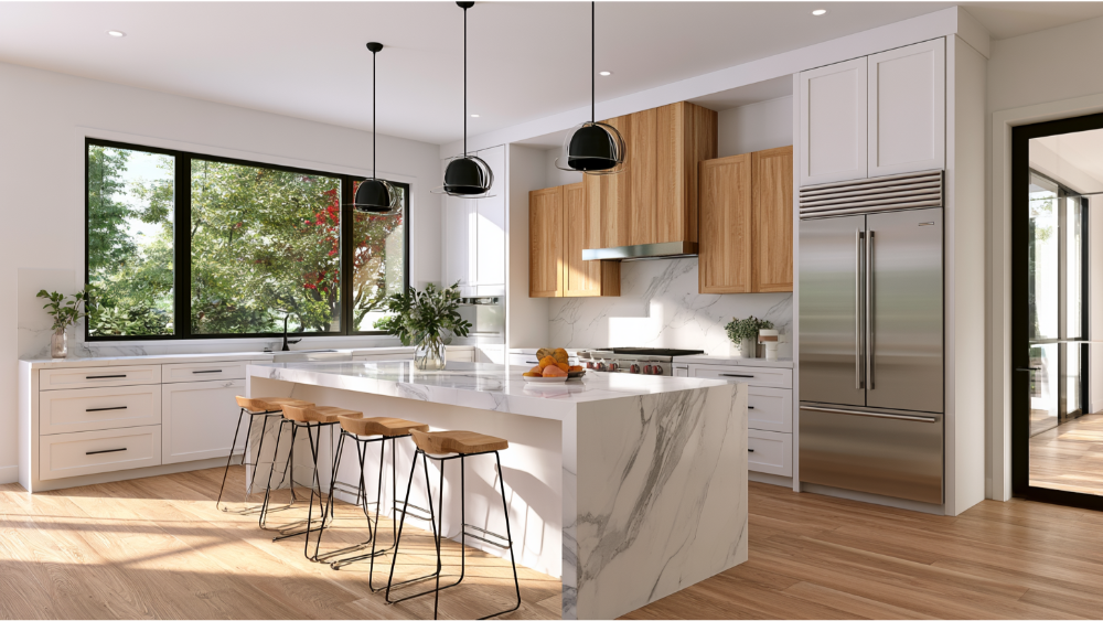 Beautiful modern kitchen remodel featuring white cabinets, quartz island, pendant lights, hardwood flooring, and premium appliances.