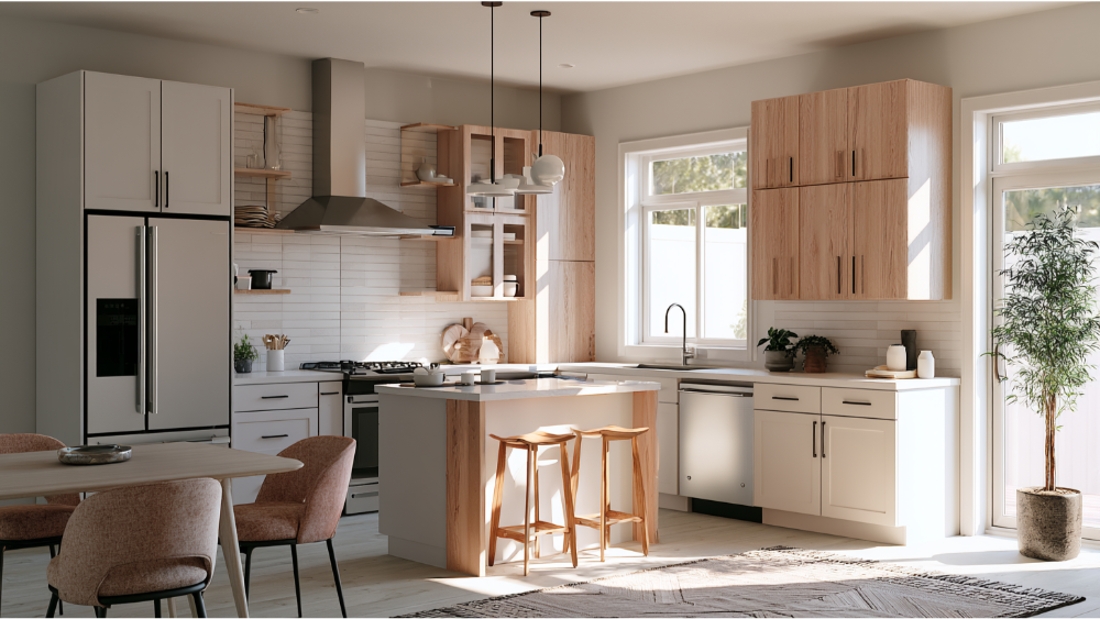Modern small kitchen featuring an L-shaped layout with peninsula, smart storage, and open functional design.