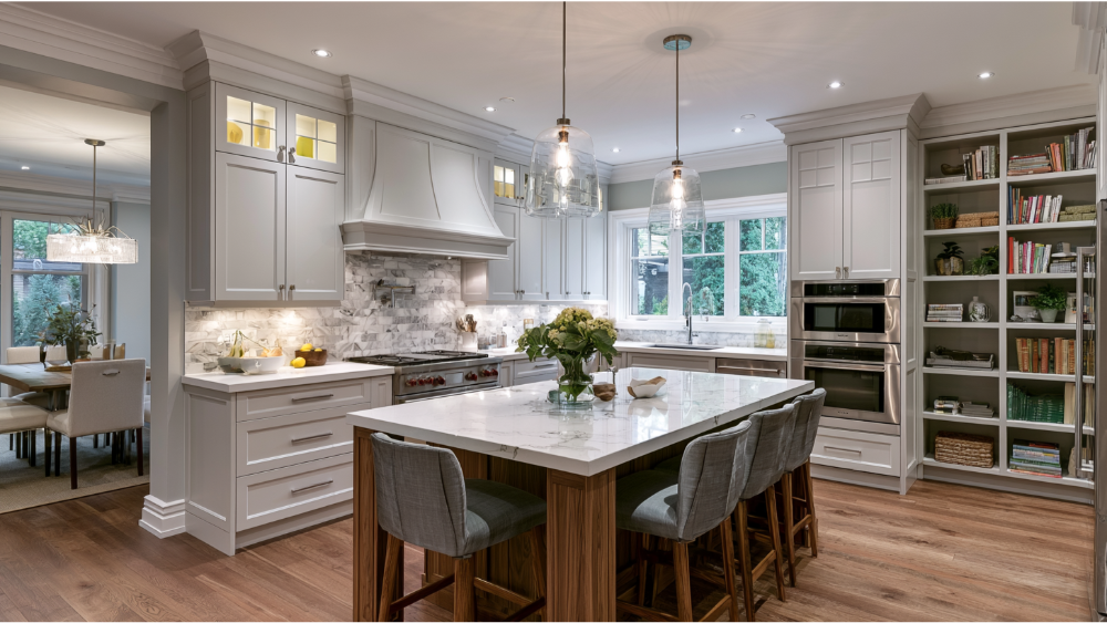 Kitchen featuring cabinetry, countertops, backsplash, lighting, and appliances representing the main renovation cost factors.