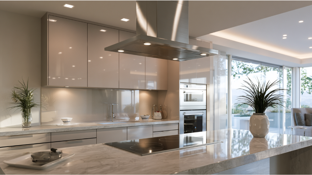 Contemporary small kitchen with stainless steel range hood, induction cooktop, and efficient ventilation system.
