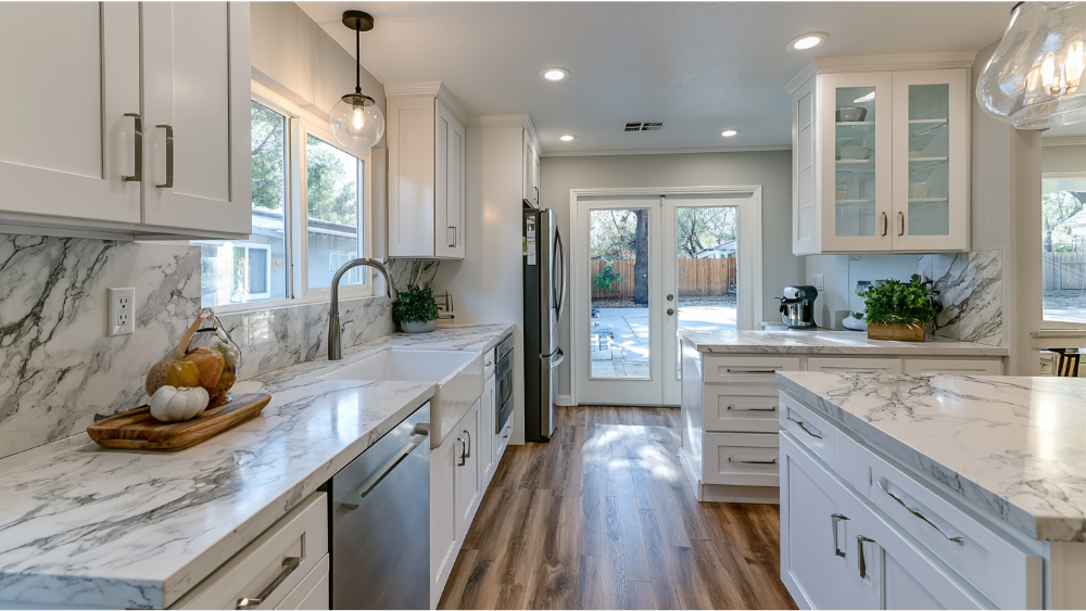 Beautiful completed small kitchen remodel featuring custom cabinets, quartz countertops, modern lighting, and space-saving design in a Sacramento home.