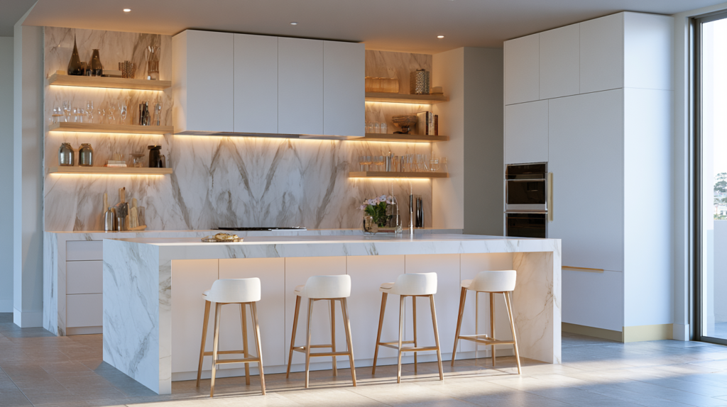 Modern kitchen featuring quartz countertops, waterfall island, marble backsplash, and elegant stone finishes.
