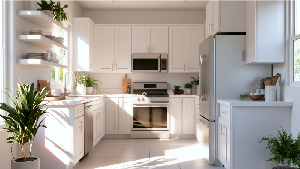 Compact modern kitchen with efficient work triangle, white cabinets, quartz countertops, and optimized layout for small spaces.