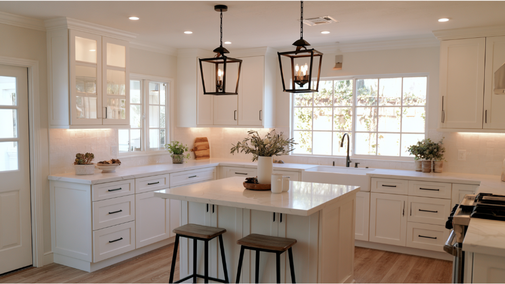 Compact kitchen with pendant lights, under-cabinet LED lighting, recessed ceiling lights, and bright natural daylight.