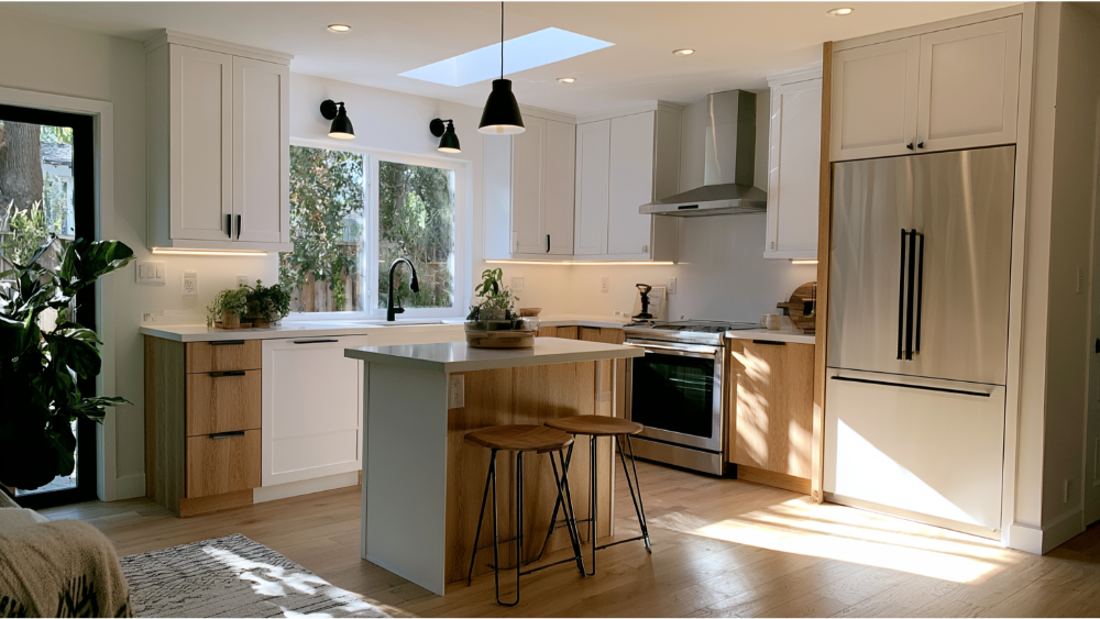 Modern small kitchen remodel featuring space-saving cabinets, quartz countertops, compact island, pendant lighting, and efficient layout designed for maximum functionality.