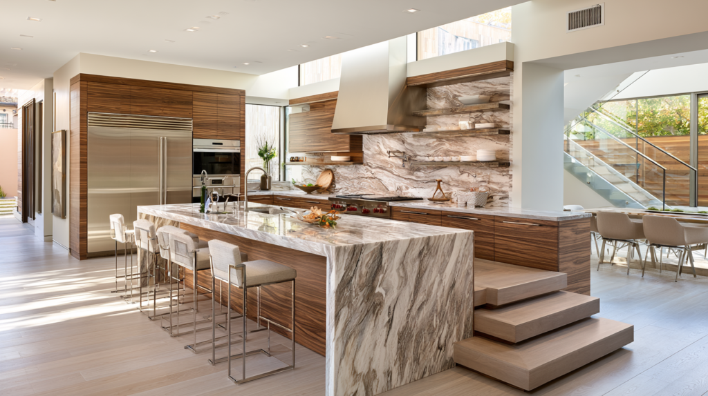 Open-concept kitchen showing ideal work triangle, large island, spacious walkways, and functional cooking zones.