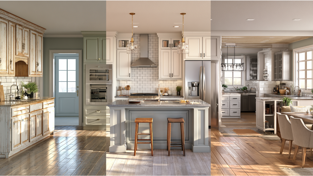 Comparison of cosmetic kitchen refresh, full kitchen remodel, and structural layout change in modern homes.