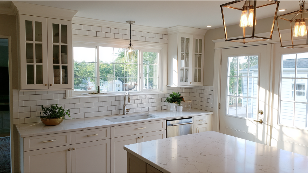 Affordable kitchen remodel featuring painted cabinets, quartz countertops, modern lighting, and stylish finishes.