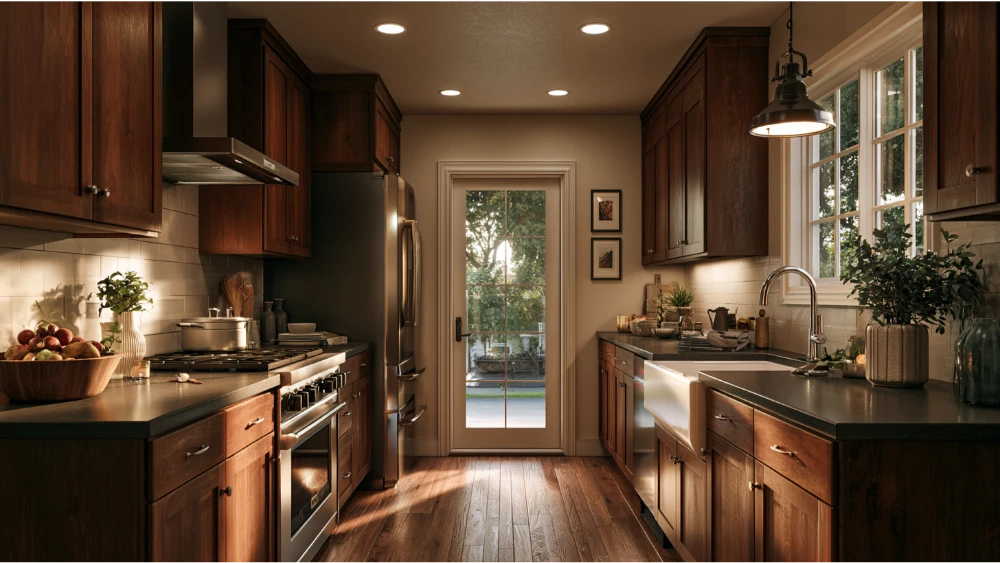 Overcrowded narrow galley kitchen with bulky cabinets and appliances restricting the central aisle
