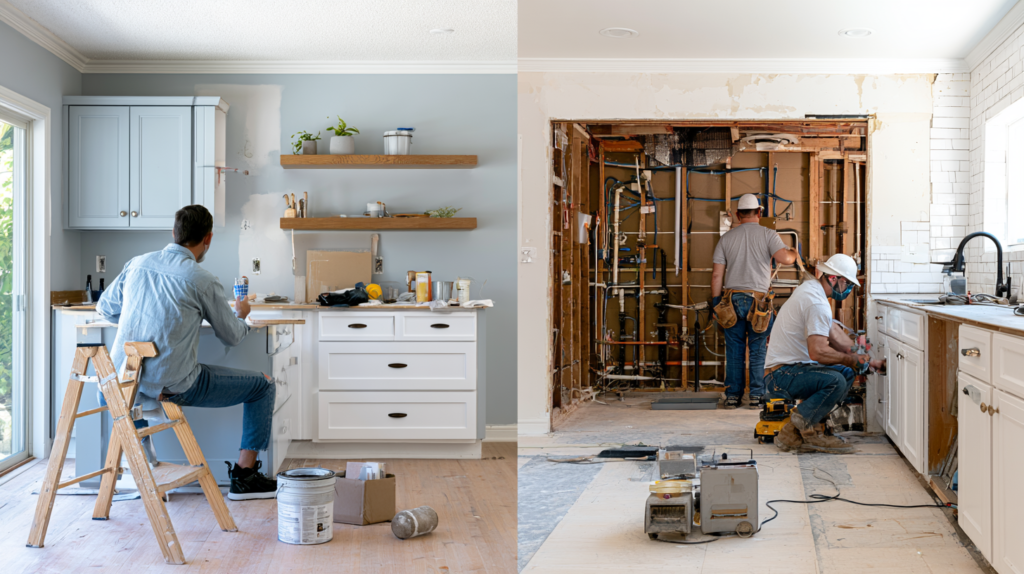 Modern kitchen showing DIY-friendly cosmetic updates like painting and cabinet hardware alongside professional electrical and plumbing work behind the walls.