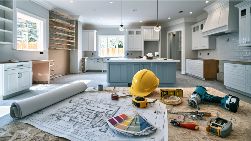Homeowner planning a DIY kitchen remodel with renovation tools, cabinet samples, layout plans, and a partially renovated modern kitchen showing professional-quality finishes.