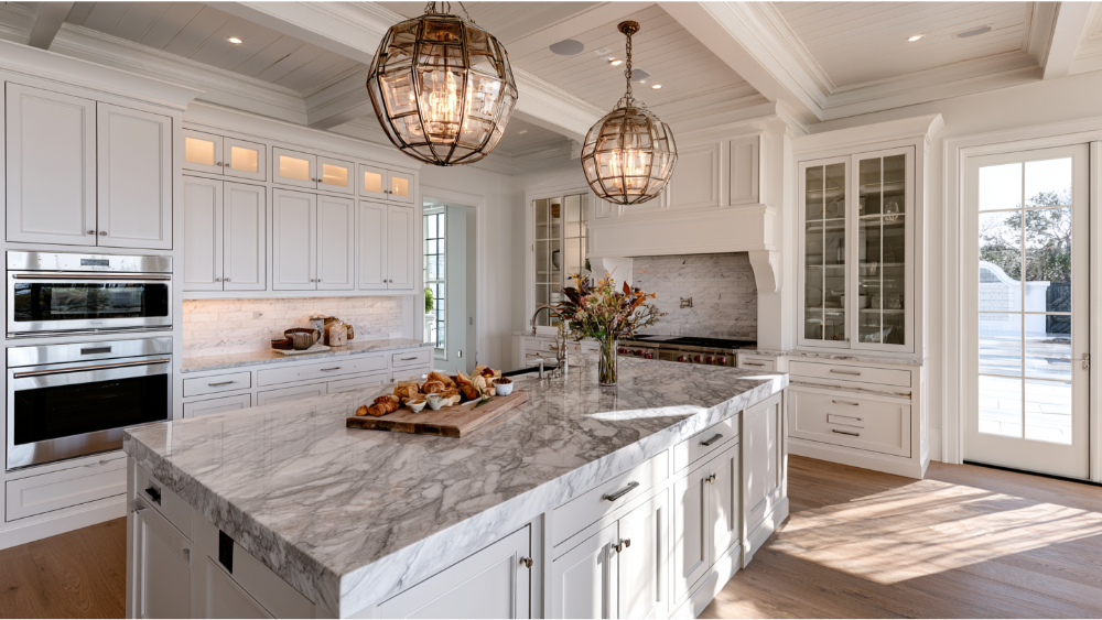 Luxury kitchen highlighting layered lighting, spacious island, premium appliances, and custom storage.