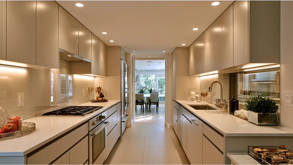 Bright remodeled galley kitchen with streamlined cabinets, open sightlines, layered lighting, and space-saving design