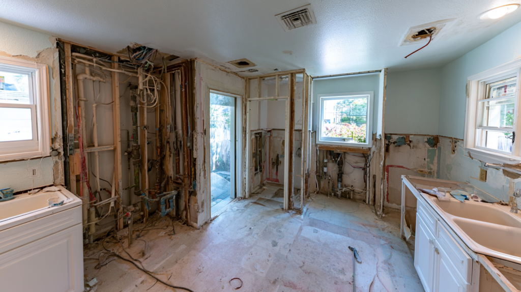 Kitchen wall opened during renovation revealing old plumbing, electrical wiring, water damage, and structural issues requiring professional repair.
