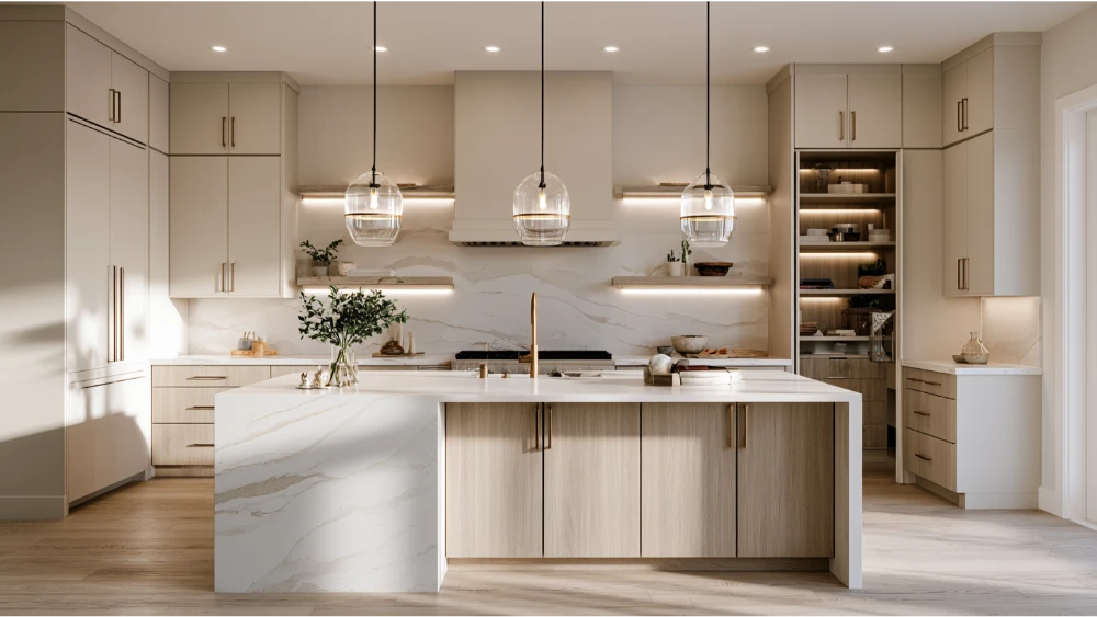 Remodeled kitchen featuring upgraded countertops, backsplash, cabinets, lighting, island, and built-in storage