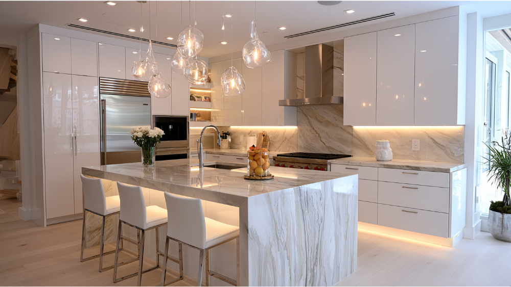 Modern kitchen with recessed lighting, pendant lights, and under-cabinet LED lighting.