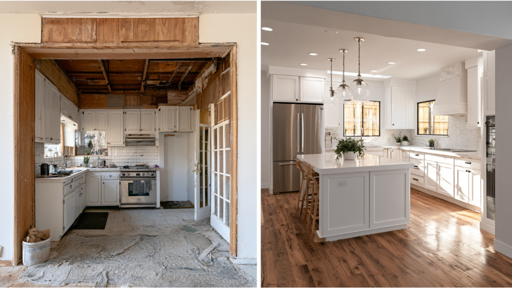Modern kitchen remodel before and after showing a complete transformation with custom cabinets, quartz countertops, and an open layout.