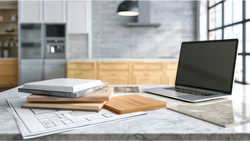 Kitchen design workspace with floor plans, material samples, and renovation ideas.