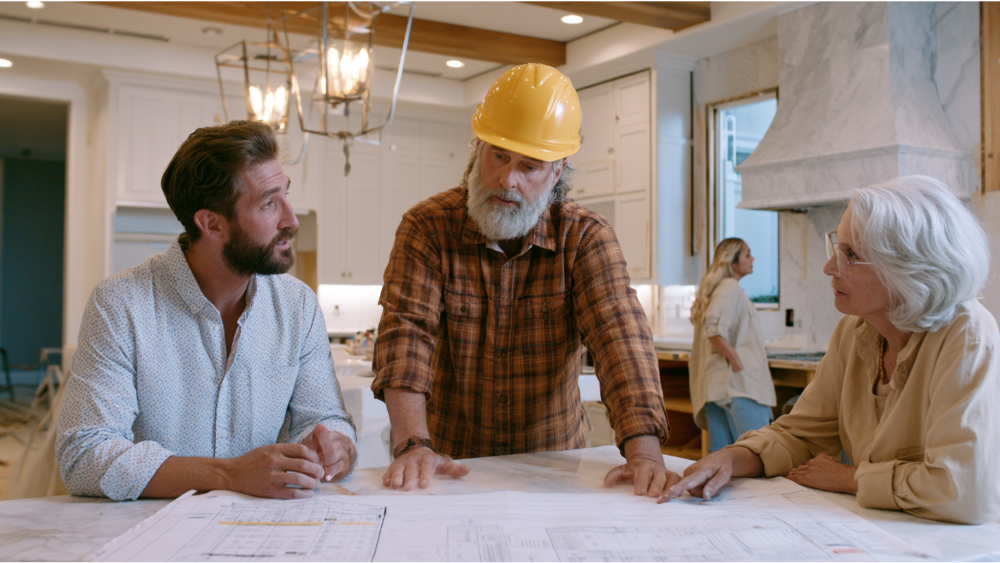 Kitchen remodeling project with contractor reviewing construction plans inside a partially renovated modern kitchen.
