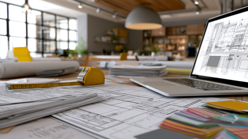 Kitchen renovation plans with permit documents, blueprints, measuring tools, and renovation paperwork prepared before construction.