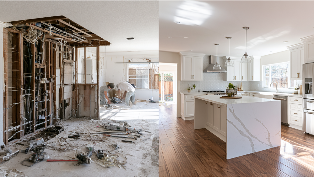 Modern kitchen remodeling project showing the transformation from demolition to a finished luxury kitchen with custom cabinets, quartz countertops, and premium appliances.
