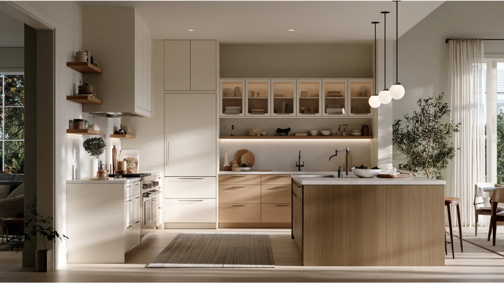 Galley kitchen with ceiling-height cabinets, light finishes, and open shelving that make the space feel taller