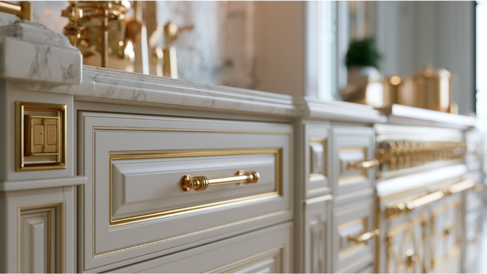 Close-up of luxury kitchen craftsmanship showing hidden outlets, seamless cabinetry, premium hardware, and precision installation.