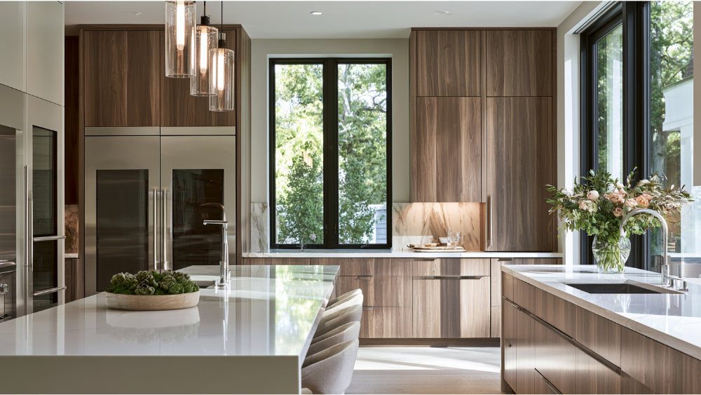 High-end kitchen featuring custom cabinets, quartz countertops, integrated appliances, layered lighting, and refined modern finishes.