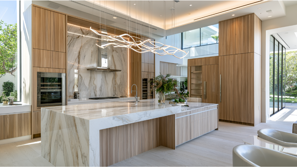 Elegant luxury kitchen remodel featuring custom cabinetry, waterfall quartz island, integrated appliances, layered lighting, marble backsplash, and premium modern finishes.