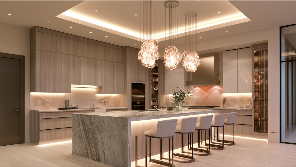 Modern luxury kitchen featuring layered lighting, sculptural pendant lights, recessed ceiling lights, and under-cabinet LED illumination.
