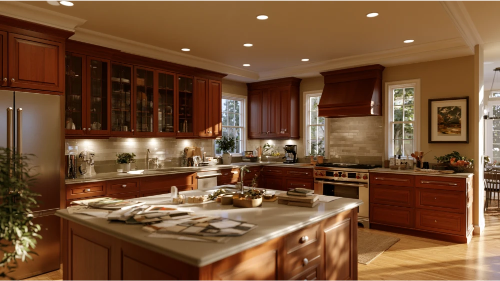 Kitchen renovation planning concept with design samples and a practical kitchen layout