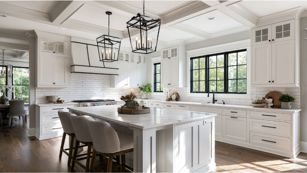 Elegant kitchen with white cabinetry, quartz countertops, subway tile backsplash, and hardwood flooring.
