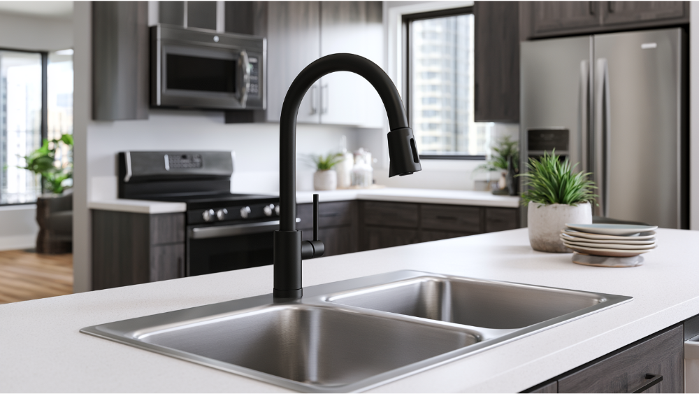 Kitchen featuring a stainless steel sink, modern faucet, matching appliances, and durable flooring.