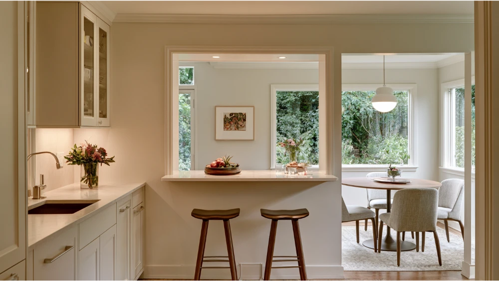 Galley kitchen with a wide pass-through opening connecting the kitchen to the dining area