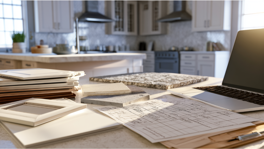 Kitchen renovation planning with design samples, budget notes, and material selections.