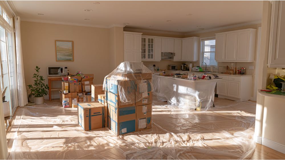 Homeowner preparing for a kitchen renovation by packing cabinets, setting up a temporary kitchen, and protecting nearby rooms.