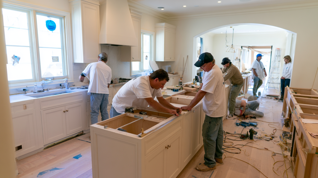 Professional kitchen remodeling contractors installing custom cabinetry and premium finishes in a modern residential kitchen.