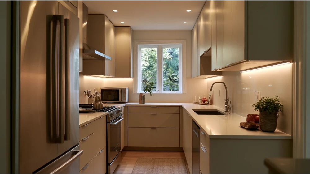 Narrow galley kitchen with counter-depth refrigerator, compact sink, built-in microwave, and clear working aisle