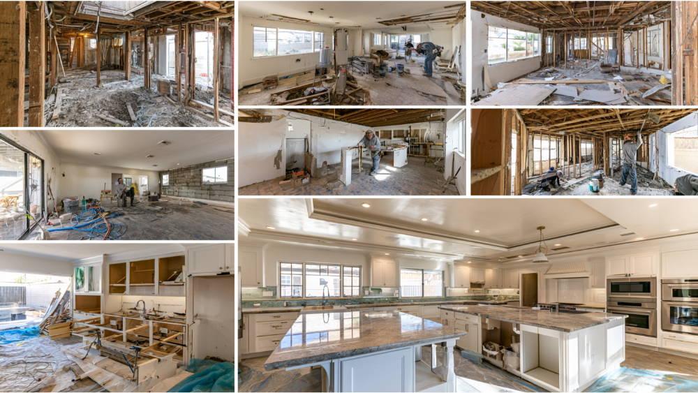 Professional kitchen remodel in progress showing demolition, framing, cabinet installation, and finished kitchen transformation.