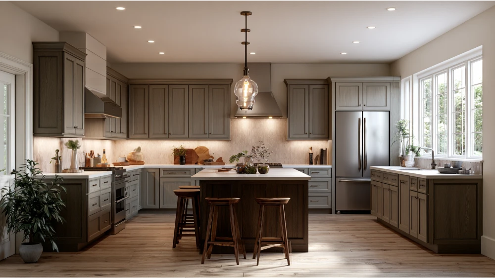 Modern kitchen showing cabinetry, countertops, backsplash, lighting, flooring, island, and appliance placement