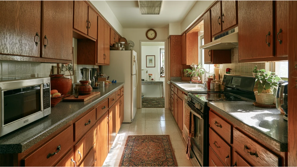 Narrow galley kitchen with parallel cabinets and appliances creating a corridor-like feel