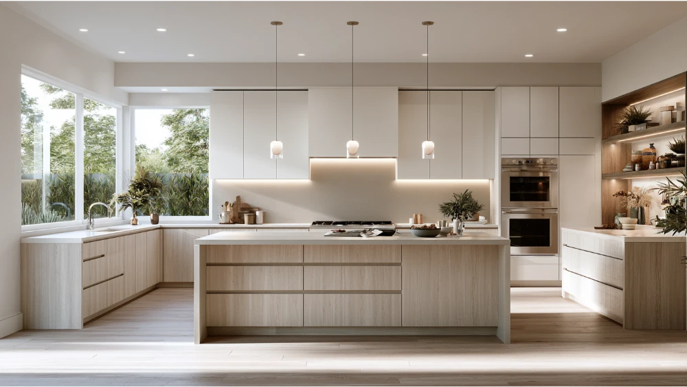 Contemporary kitchen remodel with clean modern cabinetry and island
