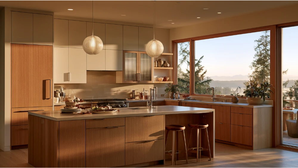 Custom contemporary kitchen cabinets with clean lines and glass doors