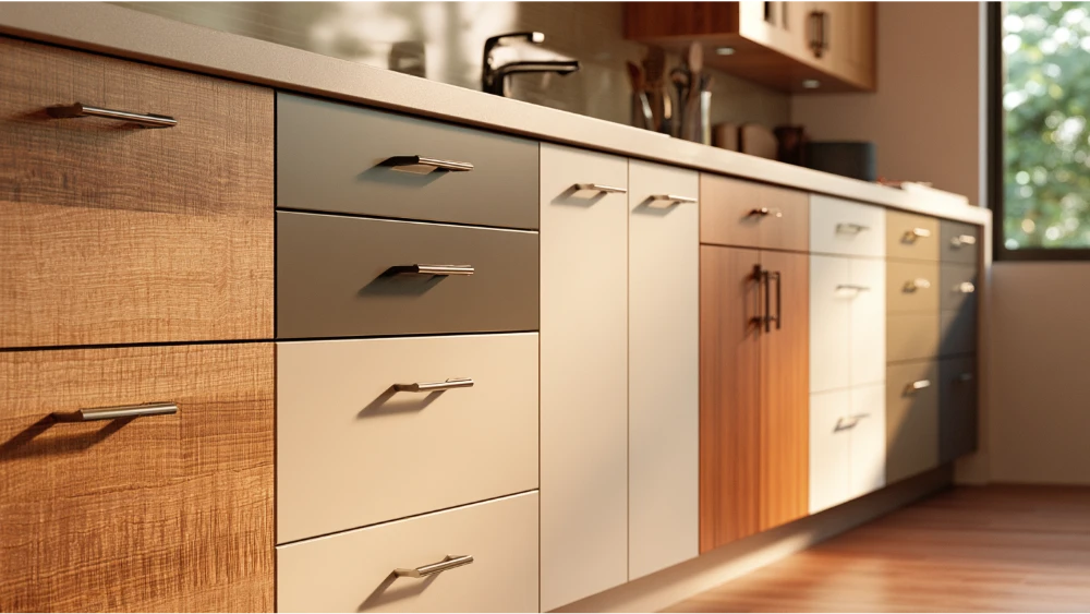 Kitchen cabinetry featuring wood, MDF, laminate, melamine, and thermofoil materials