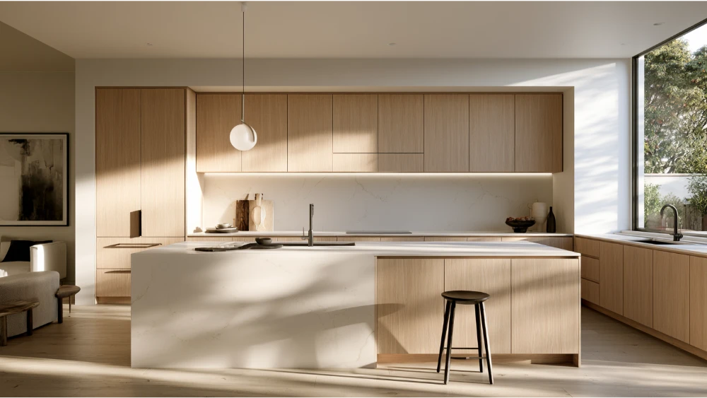 Contemporary kitchen with quartz countertops and simple edges
