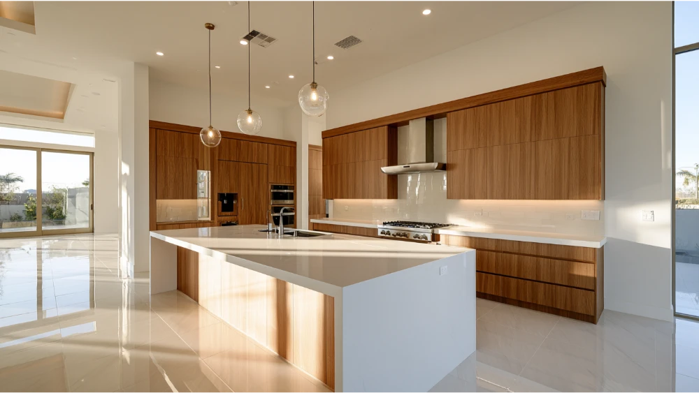 A newly remodeled kitchen at completion, showing finished cabinetry, countertops