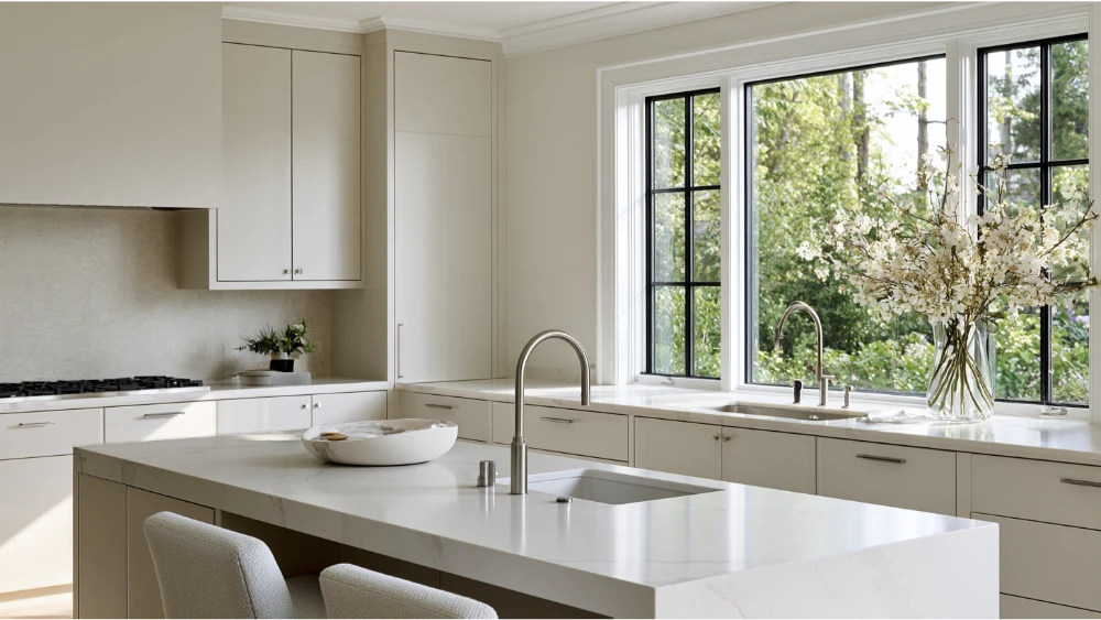 kitchen design featuring a mix of budget-friendly and premium-looking materials,