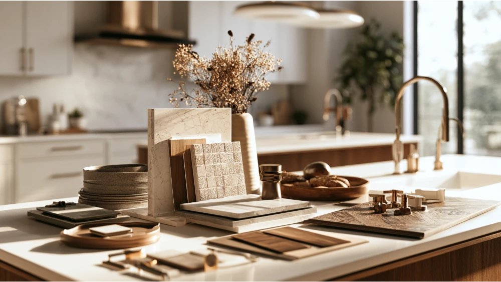 Kitchen design selections including cabinetry, countertops, backsplash tile,