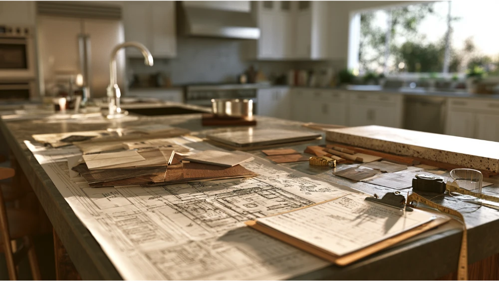 A homeowner's kitchen remodeling plan with organized project stages, material samples, floor plans, and renovation details.